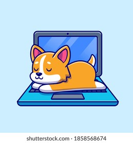 Cute Shiba Inu Dog Sleeping On Laptop Cartoon Vector Icon Illustration. Animal Technology Icon Concept Isolated Premium Vector. Flat Cartoon Style