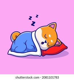 Cute Shiba Inu Dog Sleeping With Pillow And Blanket Cartoon Vector Icon Illustration. Animal Nature Icon Concept Isolated Premium Vector. Flat Cartoon Style