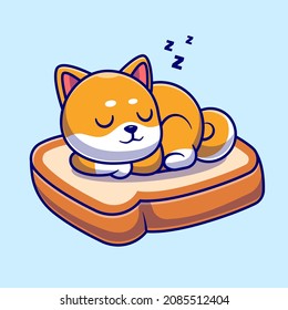 Cute Shiba Inu Dog Sleeping On Bread Cartoon Vector Icon Illustration. Animal Food Icon Concept Isolated Premium Vector. Flat Cartoon Style