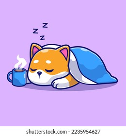 Cute Shiba Inu Dog Sleeping With Coffee And Blanket Cartoon Vector Icon Illustration. Animal Nature Icon Concept Isolated Premium Vector. Flat Cartoon Style