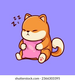 Perro Cute Shiba Inu Dormido Con Ilustración Del Vector De Caricatura De Pillow. Concepto de icono de la naturaleza animal Vector Premium aislado. Estilo de dibujo plano