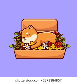 Cute Shiba Inu Dog Sleeping On Flower Cartoon Vector Icon
Illustration. Animal Holiday Icon Concept Isolated Premium
Vector. Flat Cartoon Style