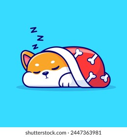 Cute Shiba Inu Dog Sleeping With Bone Blanket Cartoon Vector Icon Illustration. Animal Nature Icon Concept Isolated Premium Vector. Flat Cartoon Style