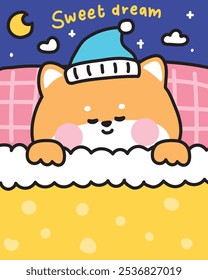 Lindo perro shiba inu durmiendo en la cama con la luna y las nubes.Dulce texto de ensueño.Almohada.Dormitorio.Tome un descanso.Dream.Good night.Japanese animal mascota personaje de dibujos animados.Kawaii.Vector.Ilustración