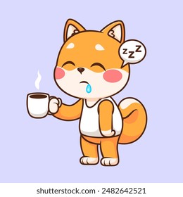 Cute Shiba Inu Dog Sleepy Holding Coffee Cartoon Vector Icon Illustration. Animal Drink Icon Concept Isolated Premium Vector. Flat Cartoon Style