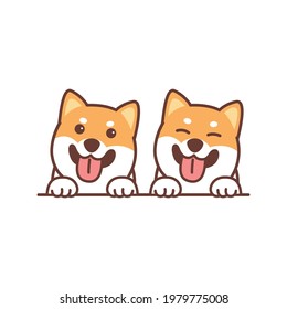 Cute shiba inu dog smiling over wall cartoon, vector illustration