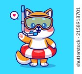 Cute Shiba Inu Dog Snorkeling And Waving Hand Cartoon Vector Icon Illustration. Animal Holiday Icon Concept Isolated Premium Vector. Flat Cartoon Style