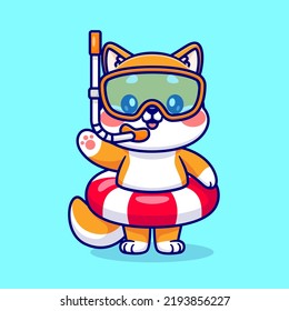 Cute Shiba Inu Dog Snorkeling With Swimming Tires Cartoon Vector Icon Illustration. Animal Holiday Icon Concept Isolated Premium Vector. Flat Cartoon Style