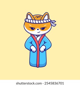 Cute Shiba Inu Dog Standing Wearing Traditional Kimono Cartoon Vector Illustration. Animal Fashion Concept. Flat Cartoon Outline Style.