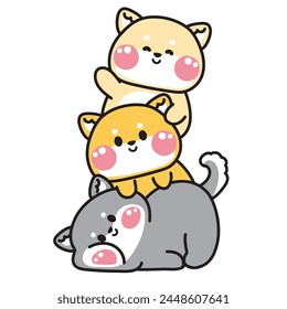 Nette shiba inu Hund bleiben oben auf einander Gruß.Tierische Figur Cartoon Design.Bild für Karte, Poster, Aufkleber,Babykleidung,t-Shirt Druck Bildschirm.Relax.Lay.Kawaii.Vektorgrafik.Illustration.