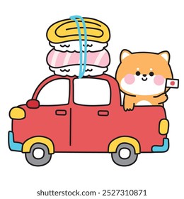 Cute shiba inu dog stay on pickup truck car with sushi.Traffic.Vehicle.Japanese pet and food hand drawn.Animal cartoon.Kawaii.Vector.Illustration.