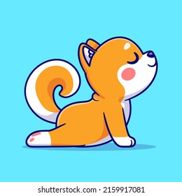 Perro Cute Shiba Inu Stretching Yoga Cartoon Vector Ilustración. Vector Premium Aislado De Icono De Deportes Animales. Estilo de dibujo plano