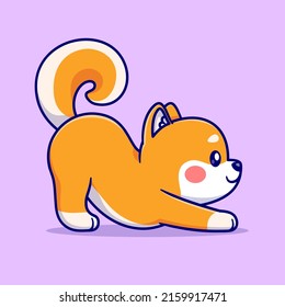 Perro Cute Shiba Inu Stretching Yoga Cartoon Vector Ilustración. Vector Premium Aislado De Icono De Deportes Animales. Estilo de dibujo plano