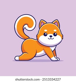 Nette Shiba Inu Dog Stretching Yoga Cartoon Vektorsymbol-Illustration. Einzeln flach Cartoon-Stil