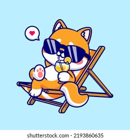 Cute Shiba Inu Dog Summer Drink Orange Juice On Bench Cartoon Vector Icon Illustration. Animal Summer Icon Concept Isolated Premium Vector. Flat Cartoon Style