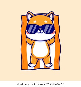 Cute Shiba Inu Dog Summer Sunbathing On Beach Cartoon Vector Icon Illustration. Animal Summer Icon Concept Isolated Premium Vector. Flat Cartoon Style