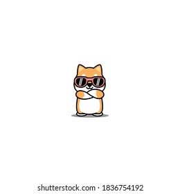 Cute shiba inu dog with sunglasses crossing arms cartoon, vector illustration