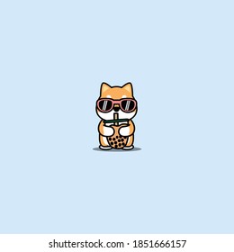 Cute shiba inu dog with sunglasses drinking bubble tea cartoon, vector illustration