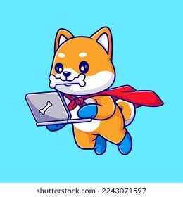 Cute Shiba Inu Dog Super Hero Playing Laptop  Cartoon Vector Icon Illustration. Animal Technology Icon Concept Isolated Premium Vector. Flat Cartoon Style