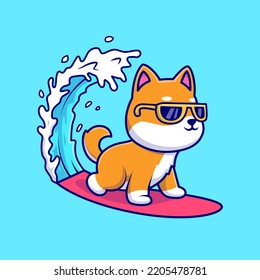 Cute Shiba Inu Dog Surfing On Sea Cartoon Vector Icon Illustration. Animal Sport Icon Concept Isolated Premium Vector. Flat Cartoon Style