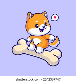 Cute Shiba Inu Dog Surfing With Bone Cartoon Vector Icon Illustration. Animal Holiday Icon Concept Isolated Premium Vector. Flat Cartoon Style