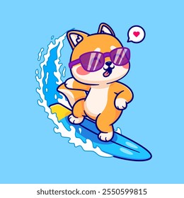 Cute Shiba Inu Dog Surfing On Beach Cartoon Vector Icon 
Illustration. Animal Holiday Icon Concept Isolated Premium 
Vector. Flat Cartoon Style 