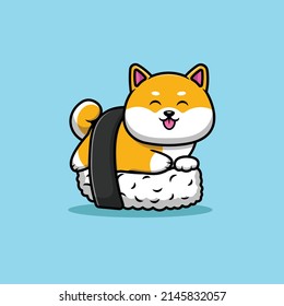 Cute Shiba Inu Dog Sushi Cartoon Vector Icon Illustration. Animal Food Icon Concept Isolated Premium Vector.