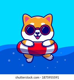 Cute Shiba Inu Dog Swimming Cartoon Vector Icon Illustration. Animal Holiday Icon Concept Isolated Premium Vector. Flat Cartoon Style