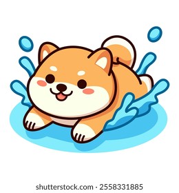 cute shiba inu dog swimming cartoon character animal flat color vector illustration template design