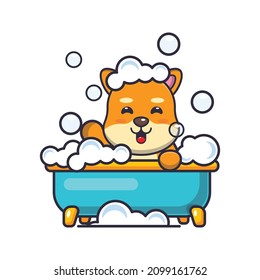 Cute shiba inu dog taking bubble bath in bathtub. Cute cartoon animal illustration.