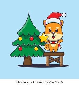 Cute shiba inu dog taking star from christmas tree. Cute christmas cartoon illustration. 