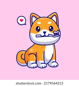 Cute Shiba Inu Dog Toothbrush With Toothpaste Cartoon Vector Icon Illustration. Animal Healthy Icon Concept Isolated Premium Vector. Flat Cartoon Style