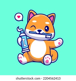 Cute Shiba Inu Dog With Toothbrush And Toothpaste Cartoon Vector Icon Illustration. Animal Healthy Icon Concept Isolated Premium Vector. Flat Cartoon Style