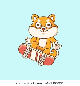 Un lindo truco de perro shiba inu jugando skateboard animal kawaii chibi personaje mascota ilustración contorno estilo