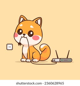 Cute Shiba Inu Dog Unplug Router Wifi Cartoon Vector Icon Illustration. Animal Technology Icon Concept Isolated Premium Vector. Flat Cartoon Style