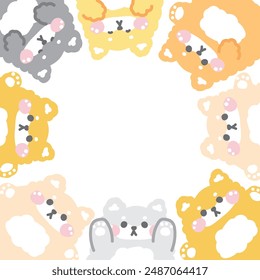 Cute shiba inu dog in various poses frame background.Japanese pet animal character cartoon design.Image for card,sticker,paper note,baby product.Kawaii.Vector.Illustration.