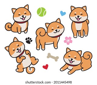 Cute shiba inu dog vector illustration set.