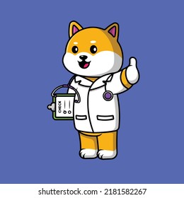 Cute Shiba Inu Dog Veterinarian Cartoon Vector Icon Illustration. Animal Flat Cartoon Concept