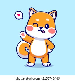 Cute Shiba Inu Dog Waving Hand Cartoon Vector Icon Illustration. Animal Nature Icon Concept Isolated Premium Vector. Flat Cartoon Style