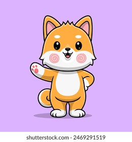 Cute Shiba Inu Dog Waving Hand Cartoon Vector Icon Illustration. Animal Nature Icon Concept Isolated Premium Vector. Flat Cartoon Style