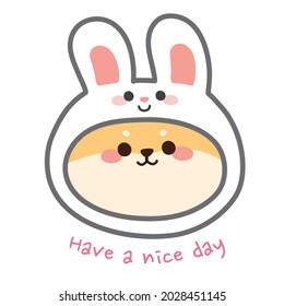 Cute shiba inu dog wear rabbit head costume on white background.Animal character design.Isolated.Kid graphic.Kawaii.Vector.Illustration.