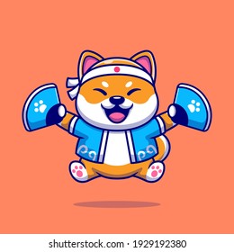 Cute Shiba Inu Hund trägt japanische Kostüme und handgehaltene Fancartoon Vektorgrafik Illustration. Animal Fashion Icon Konzept isolierter Premium Vektor. Flachbildkartonstil