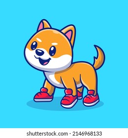 Cute Shiba Inu Hund tragen Schuhe Cartoon Vektorsymbol Illustration. Tiernatur-Symbol Konzept isolierter Premium-Vektorgrafik. Flachbildkartonstil