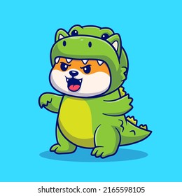 Cute Shiba Inu Dog Wearing Dino Costume Cartoon Vector Icon Illustration. Animal Nature Icon Concept Isolated Premium Vector. Flat Cartoon Style