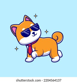 Cute Shiba Inu Dog Wearing Glasses With Tie Cartoon Vector Icon Illustration. Animal Business Icon Concept Isolated Premium Vector. Flat Cartoon Style