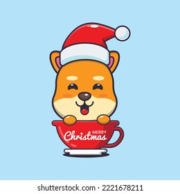 Cute shiba inu dog wearing santa hat in cup. Cute christmas cartoon illustration. 