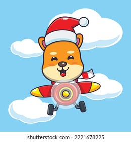 Cute shiba inu dog wearing santa hat flying with plane. Cute christmas cartoon illustration. 