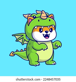 Cute Shiba Inu Dog Wearing Dragon Costume Cartoon Vector Icon Illustration. Animal Holiday Icon Concept Isolated Premium Vector. Flat Cartoon Style