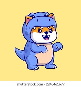 Cute Shiba Inu Dog Wearing Dino Costume Cartoon Vector Icon Illustration. Animal Holiday Icon Concept Isolated Premium Vector. Flat Cartoon Style