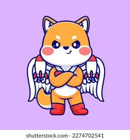 Cute Shiba Inu Dog With Wings And Rocket Cartoon Vector Icon Illustration. Animal Holiday Icon Concept Isolated Premium Vector. Flat Cartoon Style